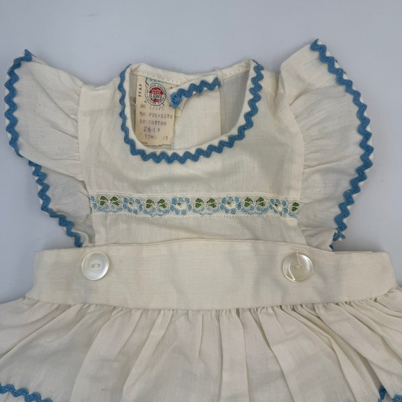 Vintage Baby Pinafore Dress Ruffle Blue Trim Embroidered Cotton Blend 12M - Picture 2 of 10